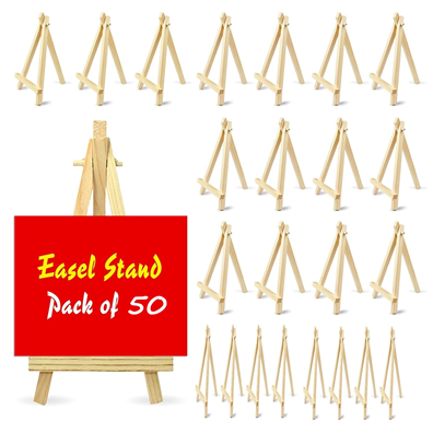 50 pieces Mini Wooden Display Easel Tripod Stand for Sketch Accessories Natural Craft Art Painting Mini Canvas Photo Frame Business Card Display size small 6 inches